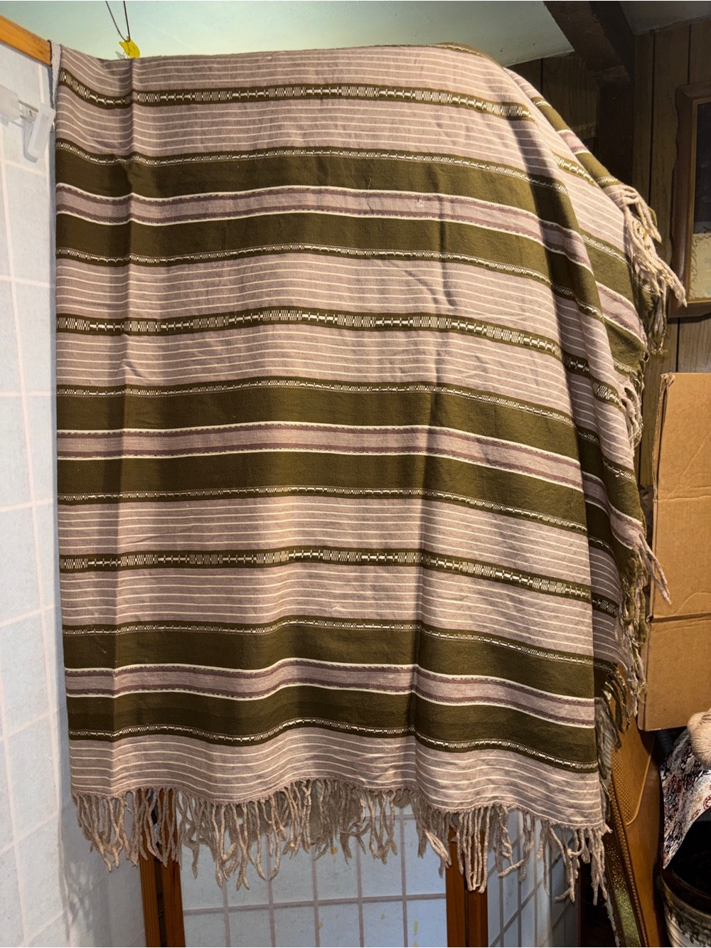 Striped Olive and Cream Fringe Throw Blanket